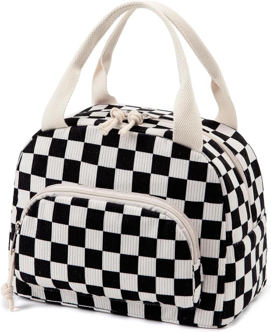 Lunch Bag Women Lunch Box for Women Adult Cute Insulated Lunch Bag Small Cooler Lunch Tote Bags for Work Picnic School (Black-White Plaid)