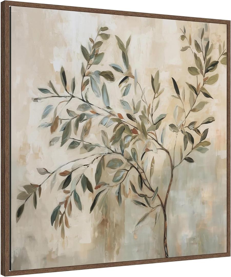 Kate and Laurel Framed Canvas Wall Art Print Olive Tree Abstract Square by The Creative Bunch Studio, 30 x 30 Sylvie Walnut Frame, Modern Contemporary, Nature Art for Wall Decor