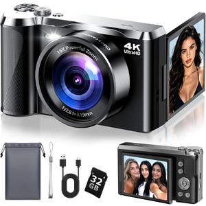 4K Digital Camera for Photography, 56MP Autofocus Vlogging Camera with 3" 180 Flip Screen, 16X Zoom, Compact Point and Shoot Camera for Beginners and Teens