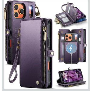 Defencase for iPhone 17 Pro Max Magnetic Wallet Case Compatible with Magsafe with RFID Blocking Zipper & Card Holder for Women Men PU Leather Strap Detachable Case for iPhone 17 Pro Max 6.9", Purple