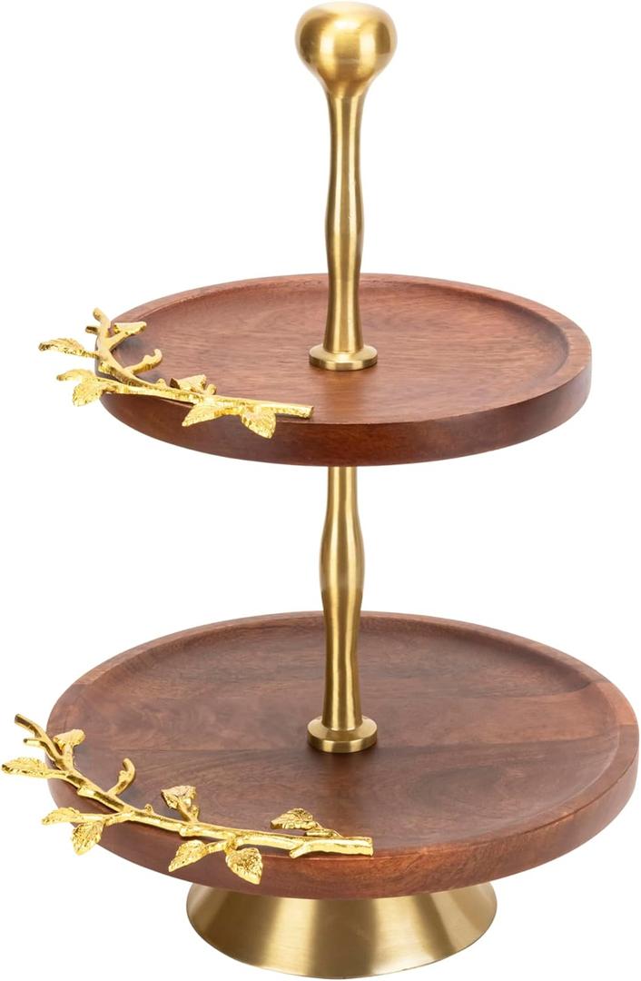 Elegance Golden Vine Wooden 2-Tiered Tray Stand - Dessert Cupcake Stand for Food Display - 8" and 10" Round Tiered Serving Tray for Coffee Bar Accessories and Rustic Farmhouse Kitchen Decor