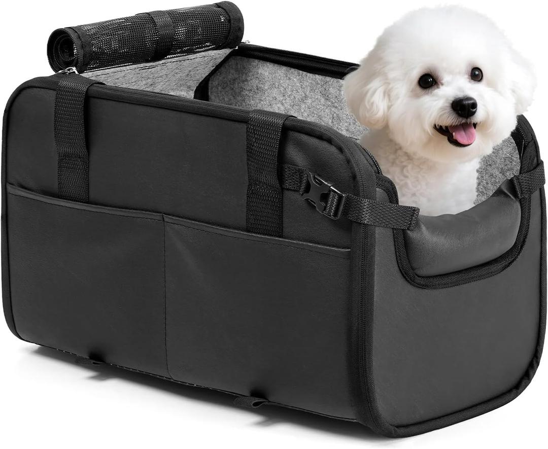 YUDODO Large Dog Car Seat for Center Console (Width9.5in) Fits 10-18lbs, Anti-Slip Puppy Cat Travel Portable Booster Seat, Luxury Pet Car Bed Carseat PU Leather Black