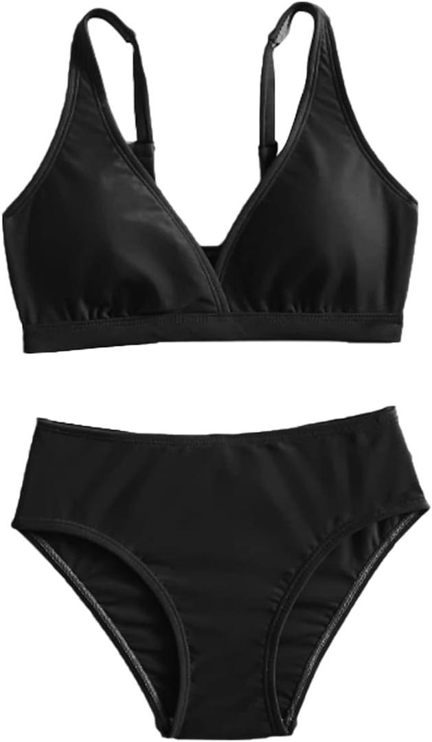 Tween Teen Girls Two Piece Bikini Swimsuit | Not See-Through Removable Chest Pads | Cute Bathing Suit Ages 6-17 (Black, XXL)