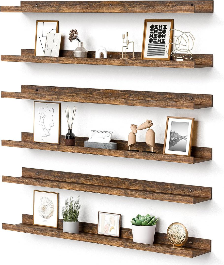 upsimples Floating Shelves for Wall, 35.5 Inch Shelves for Decor Storage Set of 6, Wall Mounted Wood Shelf for Bedroom, Living Room, Bathroom, Kitchen, Long Picture Ledge Shelves, Brown