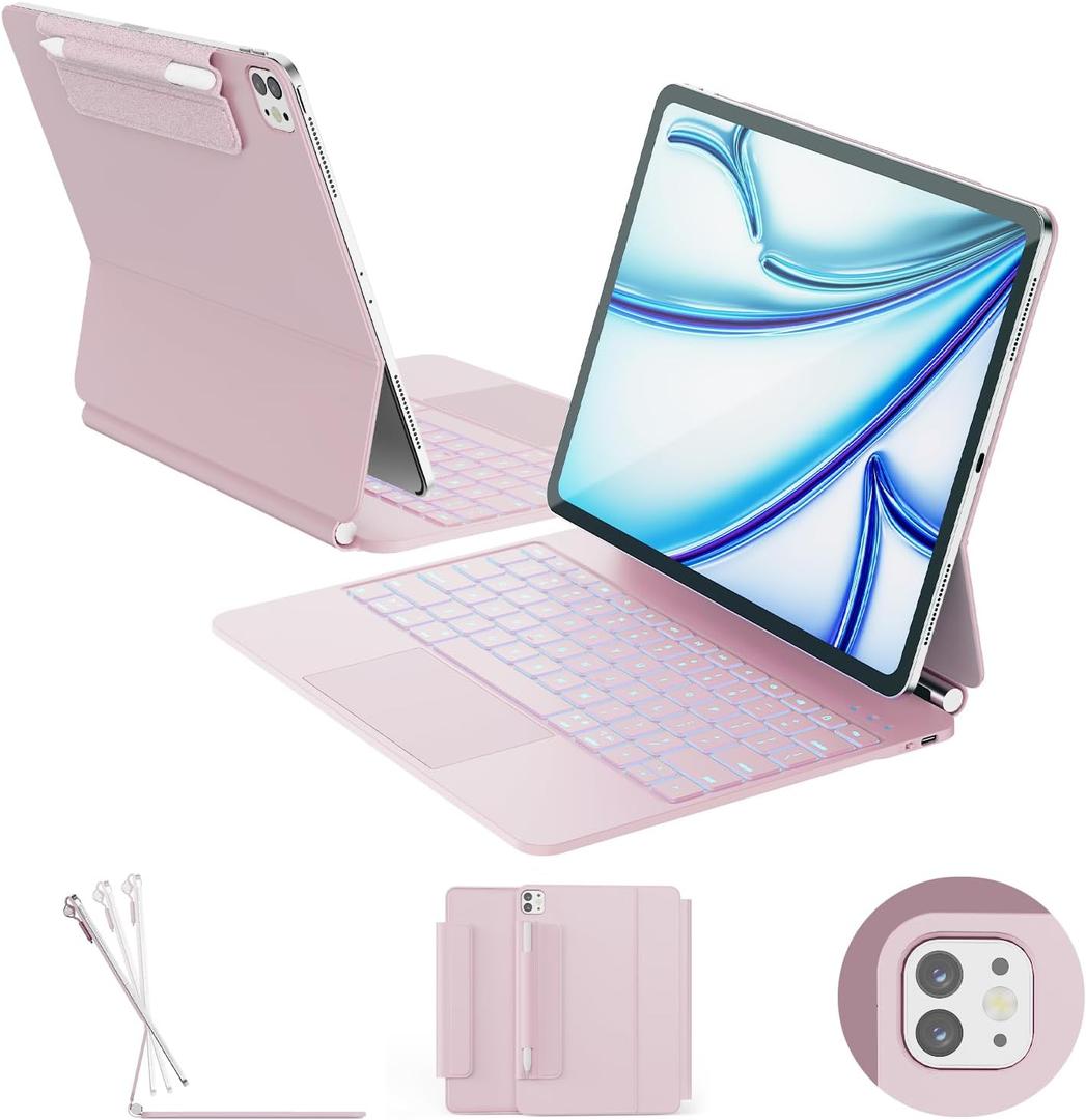 RAYMCRAFT for iPad Air 13-inch Case with Keyboard M4/M3/M2 (2026/2025/2024) & iPad Pro 12.9" (6th/5th/4th/3rd) Magic Keyboard, 11-Color Backlight with Safe Pencil Buckle, Multi-Touch Trackpad, Pink