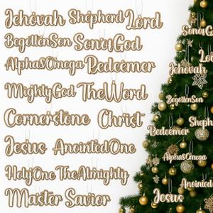 25 Pcs Names of Christ Ornaments Christmas Tree Decoration Wooden Names of Jesus Christian Ornament with Hemp Rope for Xmas Party Favor Decor