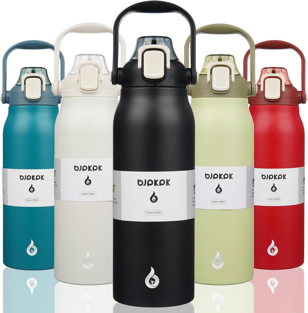 BJPKPK Insulated Water Bottles with Straw, 57 oz Sports Water Bottle with One-handed Opening Lid, BPA Free Leakproof Easy Carry Jugs, Flasks for Gym Sports Outdoors, Black
