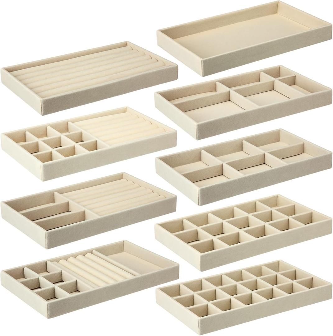 Velvet Jewelry Trays Organizer Stackable Jewelry Trays Drawer Inserts Earring Organizer for Necklace, Ring, Bracelet, Watch, Beige 9 Styles
