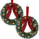 Zcaukya 2 Packs Pre-lit Christmas Wreaths, 14 Inch Buffalo Check Bowknot Wreath with 8 Lighting Modes String Lights, Artificial Front Door Wreath for Xmas Hanging Decor, with Timer