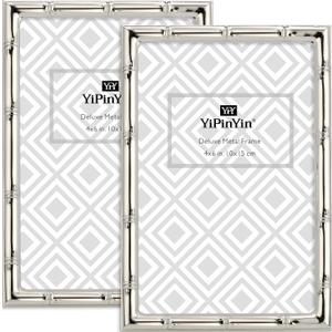 YiPinYin 4x6'' Bamboo Detail Designs Silver Metal Picture Frame 2 Pack, Elegant Silver Plated Baby Nurse Photo Frames 4x6'' With Soft Touch Velvet Backing for Desktop and Wall Dcor