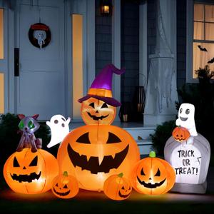 Dreamcountry Halloween Inflatables 7FT Long Inflatable Pumpkins Patch with Black Cat/Tombstones/Ghost 8 Build-in LEDs Halloween Blow Up Yard Decorations Large Halloween Outside Decorations (Pumpkin-2)
