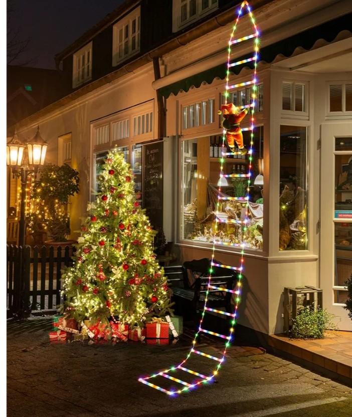 Christmas Decorations LED Ladder Lights with Climbing Santa Claus, 10ft Outdoor Christmas Decorative Lights  8 Modes Xmas Lights Tree for Home Holiday Wall Window Xmas Decor (Warm White)