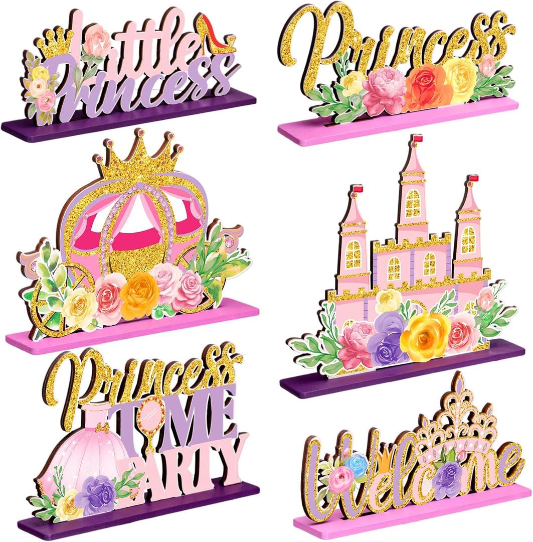 6 Pcs Princess Party Centerpieces Floral Wooden Princess Theme Table Decorations Castle Crown Carriage Pink Gold Topper Decors for Girls Birthday Spring Party Flower Baby Shower Home Indoors