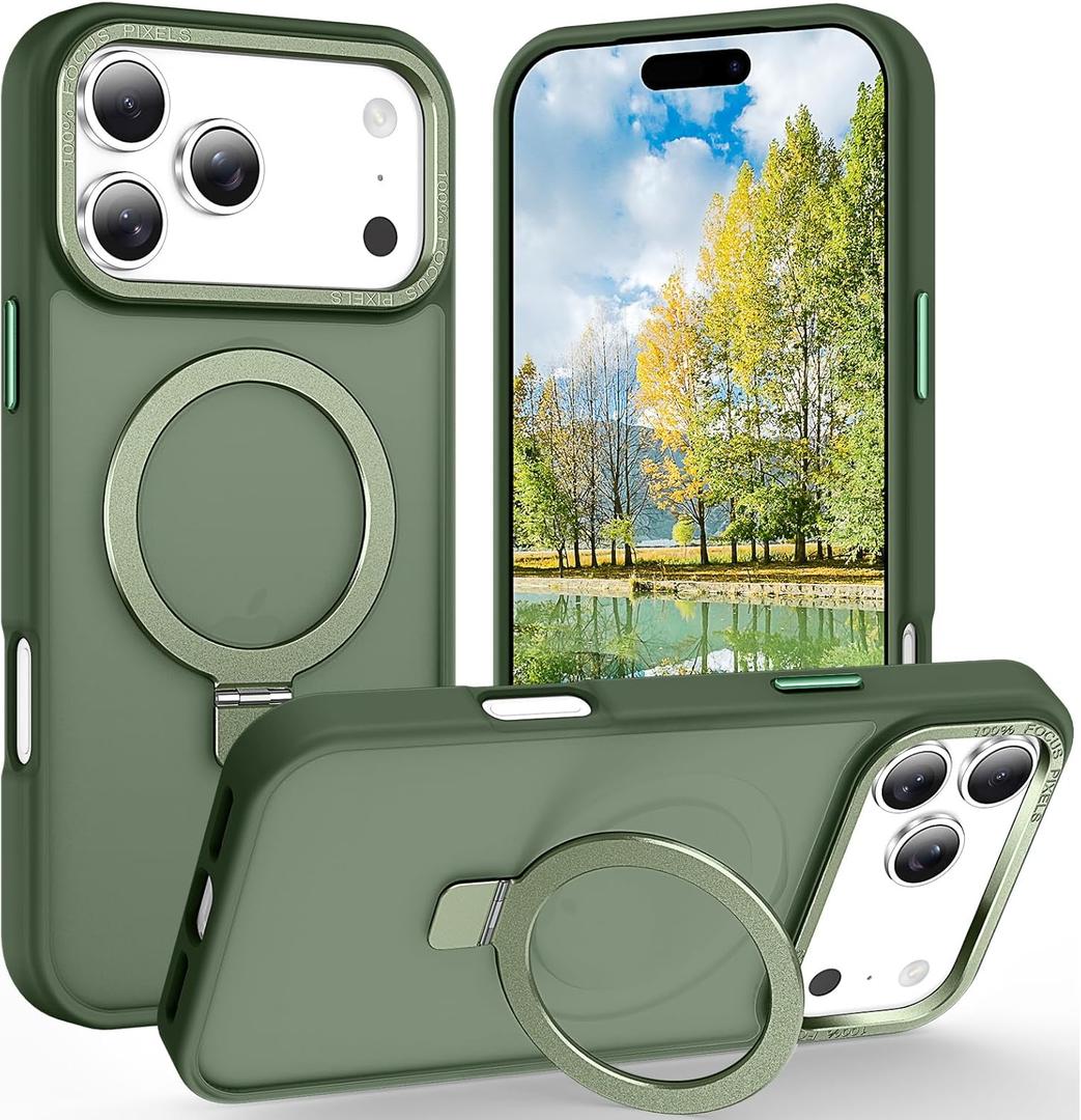 Magnetic for iPhone 17 Pro Case with Ring Stand, [10 FT Drop Protection] [Velvety Touch] Slim Translucent Matte Back Shockproof Phone Case for iPhone 17 Pro 6.3'', Midnight Green