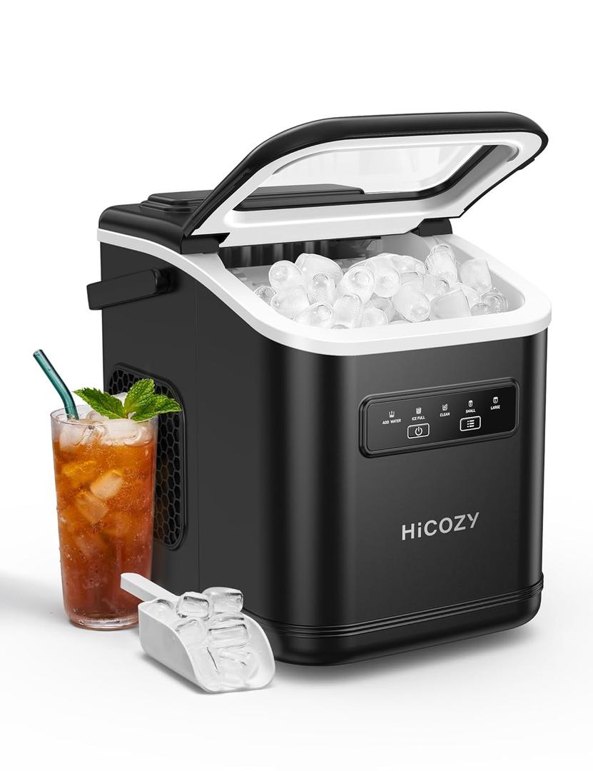 HiCOZY Countertop Ice Maker with Handle, Ice in 6Mins, 26 lbs/Day,Portable Ice Maker Machine with Self-Cleaning for Apartment/Under Cabinet/Kitchen/Office/Camping/RV/Home Bar(Black) (11.6"D x 11.4"W x 8.66"H)