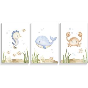 2 x Wodkwq Nursery Wall Art Sea Animal Canvas Prints Baby Girl Boy Room Decor Watercolor Paintings Pictures Cute Ocean Theme Toddler Room Decoration Set of 3 for Kids Bedroom Bathroom 12x16in Unframed