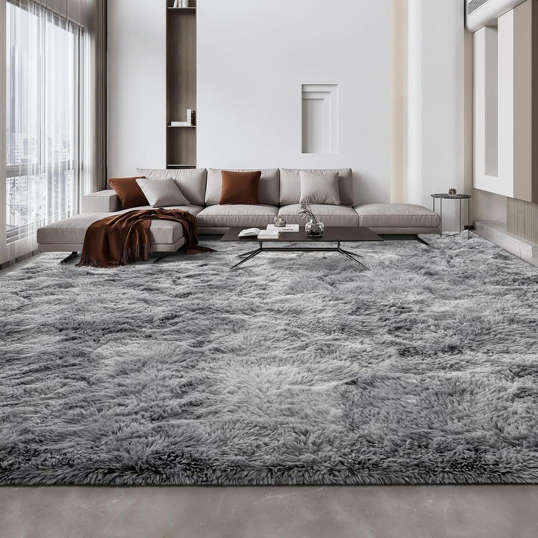 Deerhoo Large Shag Area Rugs 10 x 14, Tie-Dyed Plush Fuzzy Rugs for Living Room, Ultra Soft Fluffy Furry Rug for Bedroom, Anti-Skid Indoor Carpet Nursery Rugs for Kids Room Home Decor, Light Grey