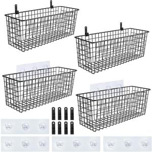 4 Set [EXTRA LARGE] Hanging Wall Mount Storage Baskets with Adhesive Hooks & Steel Hooks, Multiuse Sturdy Wire Metal Organizing Baskets for Home Kitchen Bathroom Pantry Utility Organizer, Black