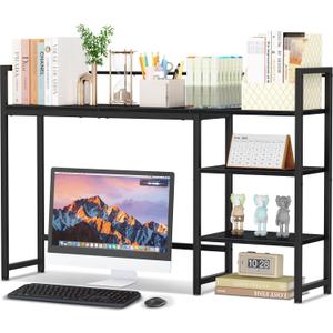 Snughome Desk Shelf, 44.9" Large Desktop Organizer Shelf, Desk Hutch for Monitor, 4 Tier Display Rack, Wooden Desktop Bookshelf Storage Rack for Home Office Dorm (Black)