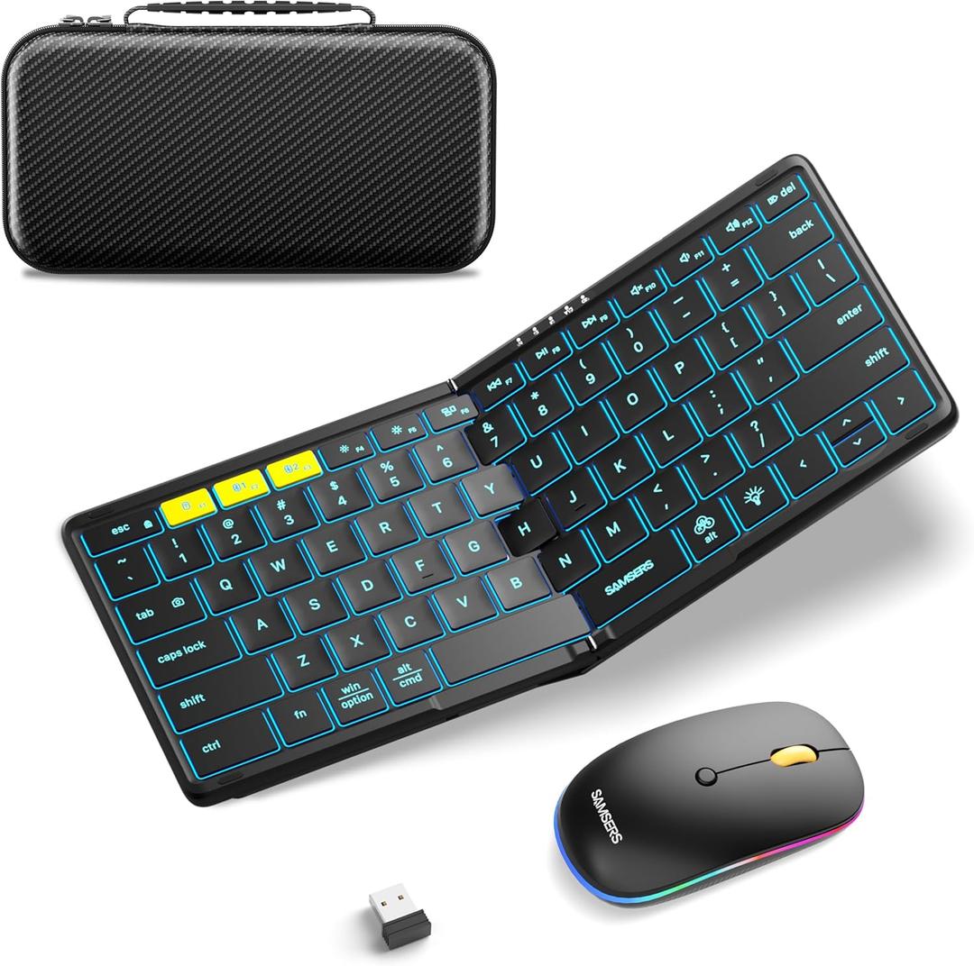 Foldable Keyboard and Mouse, Samsers KM08X Folding Bluetooth Keyboard Mouse Combo with Backlight, 2.4G + BT5.0 x 2, Full-Size Travel Keyboard & Portable Wireless Mouse for Windows iOS Mac OS Android (Graphite - Backlit)