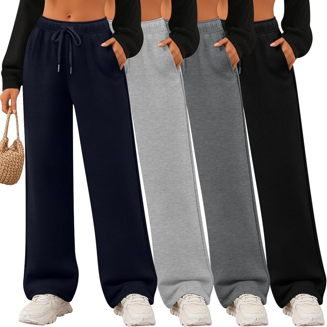 4 Pack Women's Wide Leg Sweatpants Drawstring Lounge Joggers for Women Straight Pants Elastic Waist with Pockets (Large, Navy Blue, Light Gray, Dark Gray, Black)