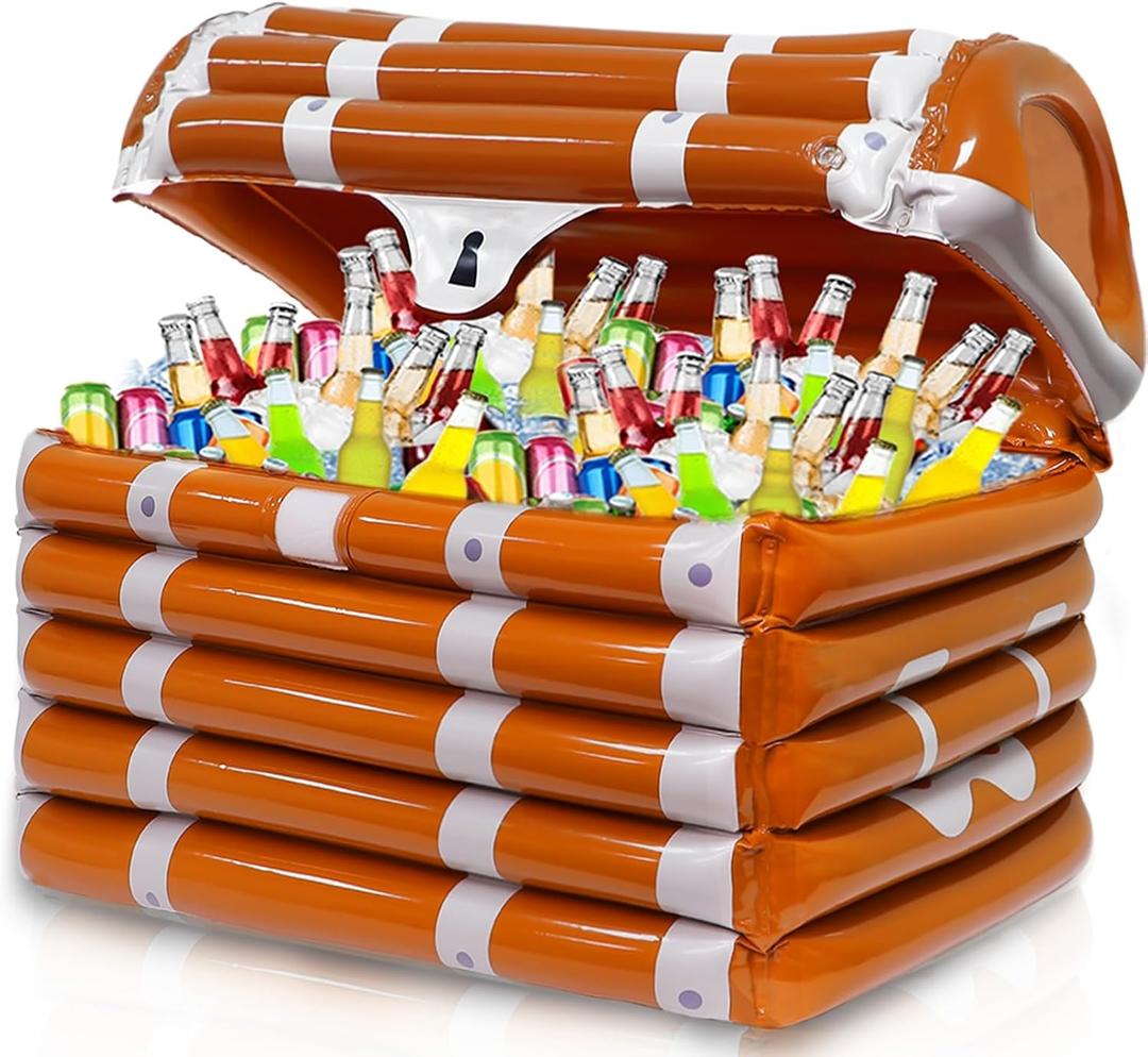 120+ Cans Super Large Capacity Inflatable Treasure Chest Drink Cooler, Ocean Pirate Birthday Themed Party Supplies, Summer Outdoor Pool Party Decorations
