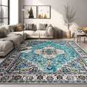 VFROO Area Rug 6x9 Washable Living Room Rug, Vintage Soft Boho Non-Slip/Non-Shedding Print Floor Carpet for Dining Room, Bedroom-Blue