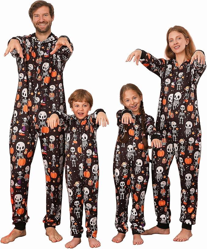 VNVNE Matching Halloween Onesie Pajamas for Family/Couples/Women/Men, Skeleton Holiday One Piece Adults Pjs Sleepwear, Kids 8-10, Black Skull