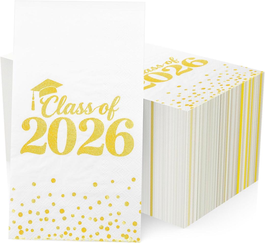 Graduation Napkins Class Of 2026, Disposable Congrats Grad Paper Guest Hand Towels For College High School Grad Class Congrats Celebration For Dinner And Cocktail Party Decorations (100 Count, Gold)