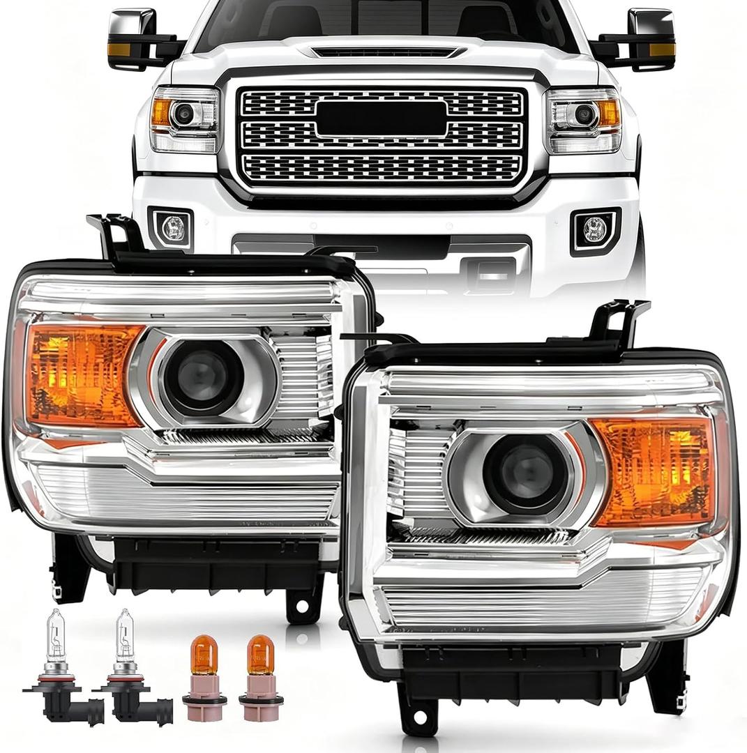 APSVE Chrome Amber Headlight Assembly w/Bulbs For 2014 2015 2016 2017 2018 GMC Sierra 1500, 15-19 GMC Sierra 2500HD 3500 HD Head Lights Headlamp Replacement L+R