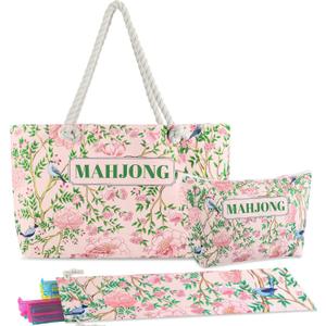 Empty Mahjong Bags Set for Tiles and Racks 24x13x4.7 Inch American Mahjong Carrying Bag Tote Tiles Bag Drawstring Protective Sleeve for Rack Pusher Party Travel, Case Only(Chinoiserie)