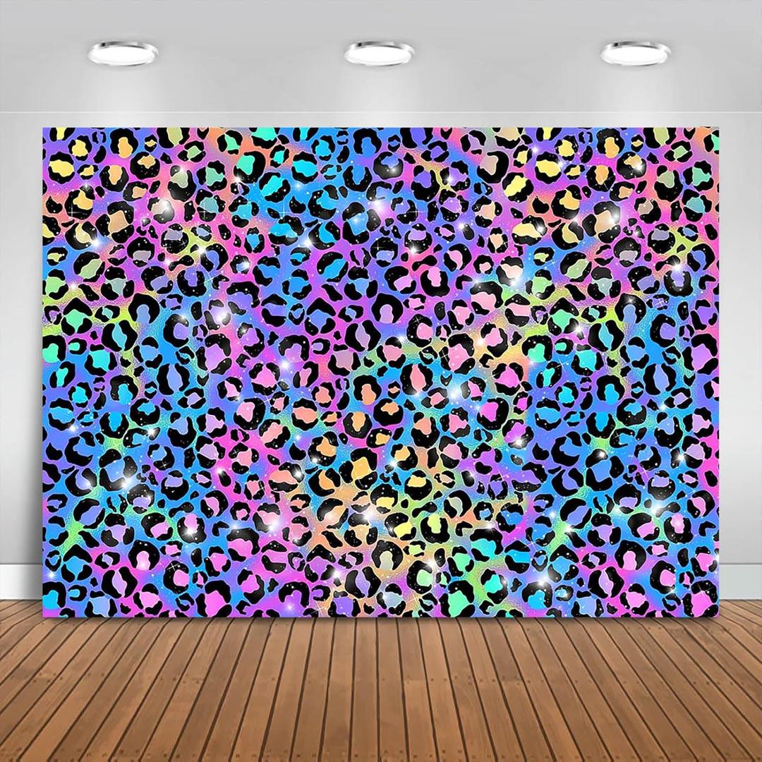 Fitumiw Neon Rainbow Leopard Backdrop 7x5ft Sparkly Paint Splatter Photography Background Party Decorations for Girls Leopard Pattern Banner Photo Booth Props
