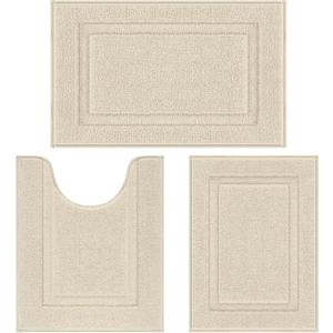 SHACOS Soft Fluffy Bathroom Rugs Set of 3 Pieces Bath Mats with U Shape Toilet Rugs Non Slip Washable Bath Rugs Absorbent Bathroom Carpet for Shower Tub Sink, Light Beige