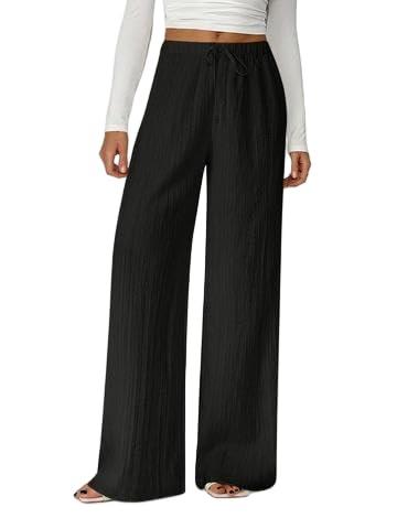 QJQ Women's Wide Leg Pants Textured Drawstring High Waisted Long Trousers Casual Loose Flowy Workout Sweatpants White X-Small (Black, XS)