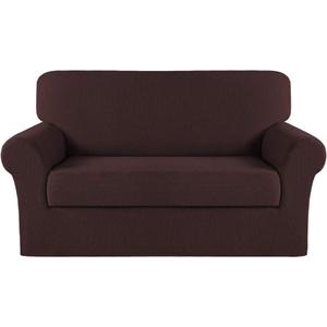Turquoize Stretch Sofa Slipcover 2 Pieces Sofa Cover Couch Cover for 2 Cushion Couch Washable Furniture Protector Covers with Elastic Bottom Feature Thick Jacquard Fabric (Loveseat, Brown)