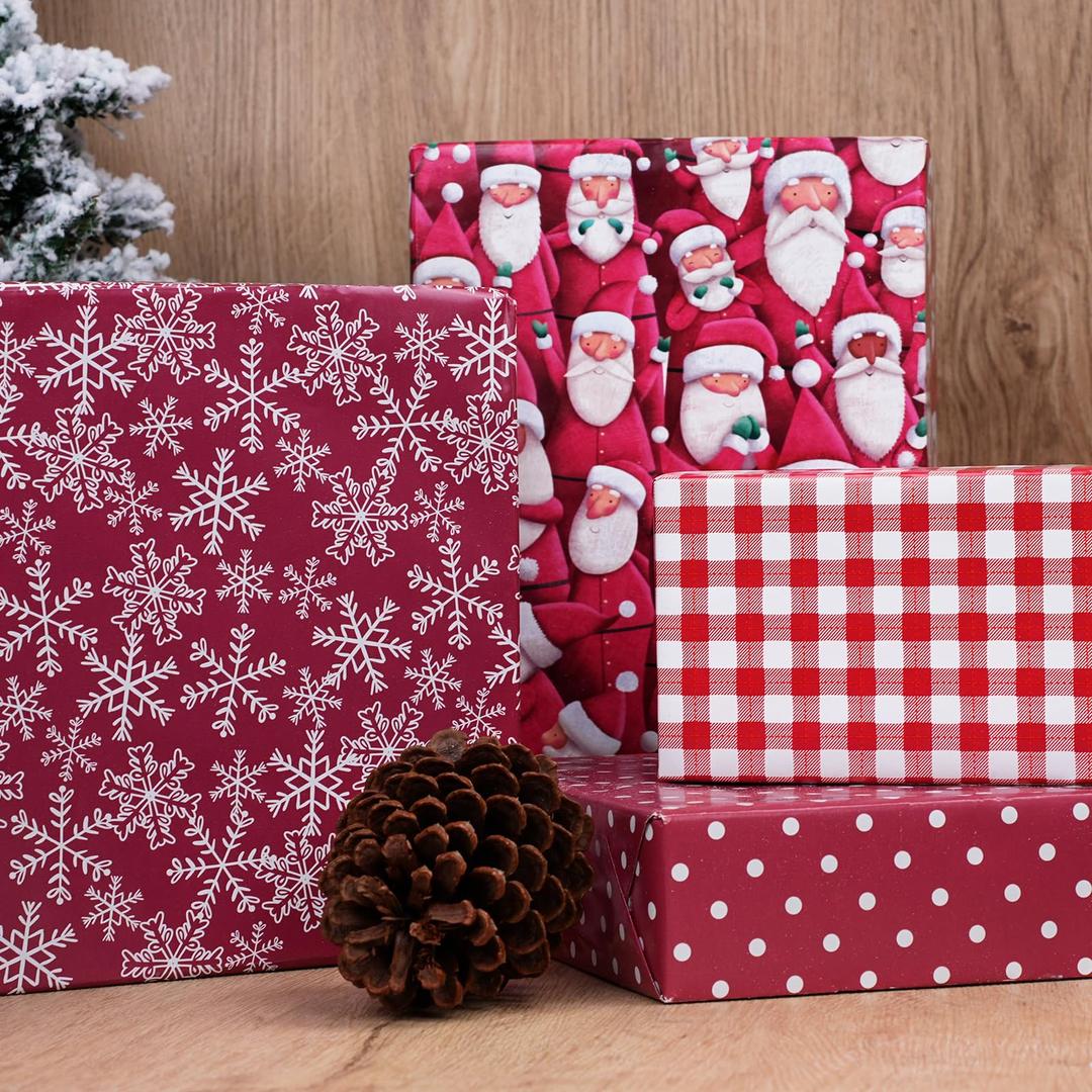 LaRibbons Christmas Wrapping Paper Set, Classic Santa & Snowflake & Plaid Design with Gift Bow & Ribbons & Tags, Perfect for Holiday, Season Party, 30 Inch X 10 Feet (4Rolls, 100 sq.ft.ttl.)