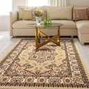 Antep Rugs Alfombras Oriental Traditional 5x7 Non-Skid (Non-Slip) Low Profile Pile Rubber Backing Indoor Area Rugs (Beige, 5' x 7')
