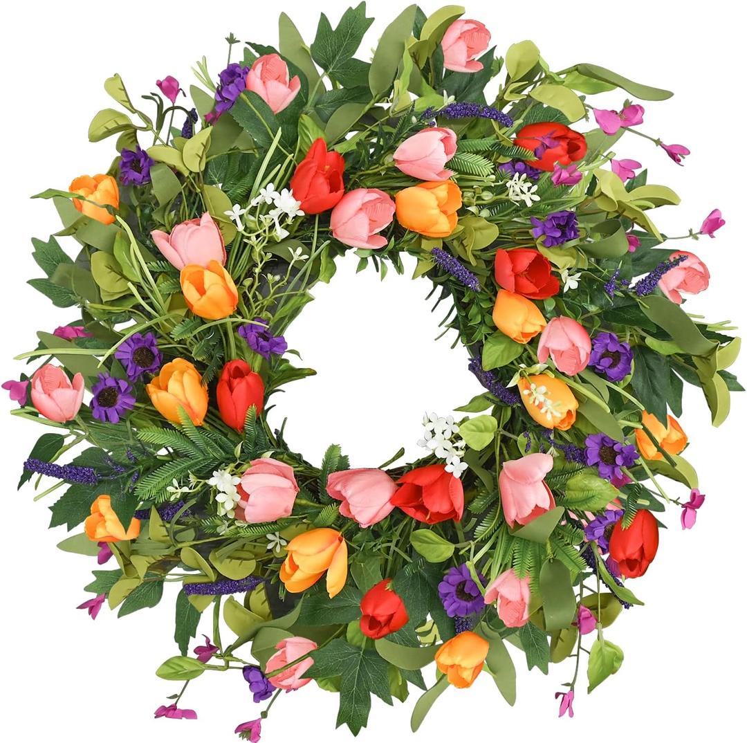 Qingbei Rina Spring Wreaths for Front Door, 22 Inch Door Wreath for Decorating with Colorful Tulip, Lavender and Eucalyptus, Indoor Outdoor Floral Wreath Party Farmhouse Wedding Home Decor