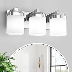 4-Light Chrome Bathroom Light Fixtures, Vanity Lights for Bathroom Mirror Lamp with Milky White Square Glass Shade, E26 Base Modern Wall Sconce Kitchen Light Fixtures Led Vanity