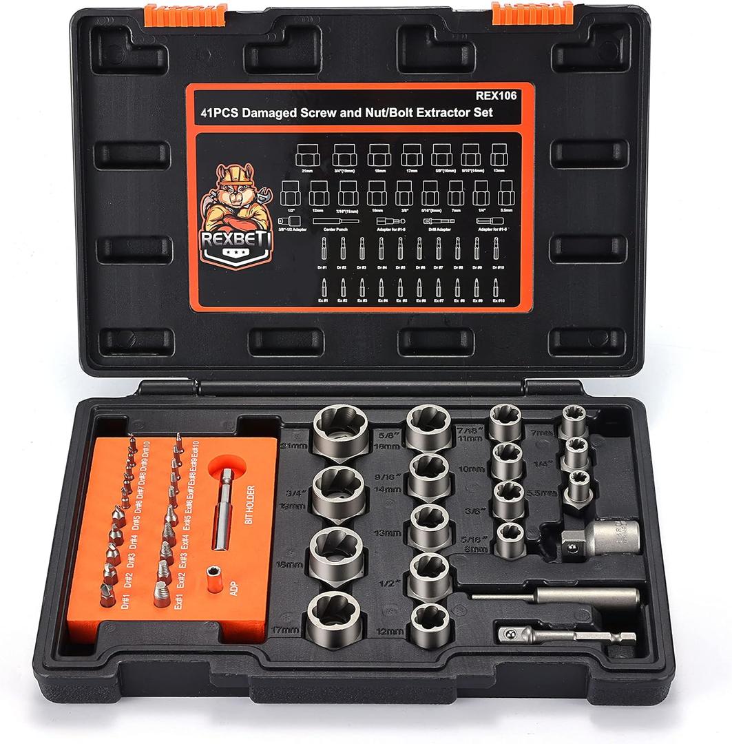 REXBETI 41-Piece Bolt Extractor Screw Extractor Set and Stripped Screw Remover, Case with 16-Piece Bolt Extractor, 10-Piece HSS Drill Bit, 10-Piece Spiral Screw Extractor and 4 Piece Adapter