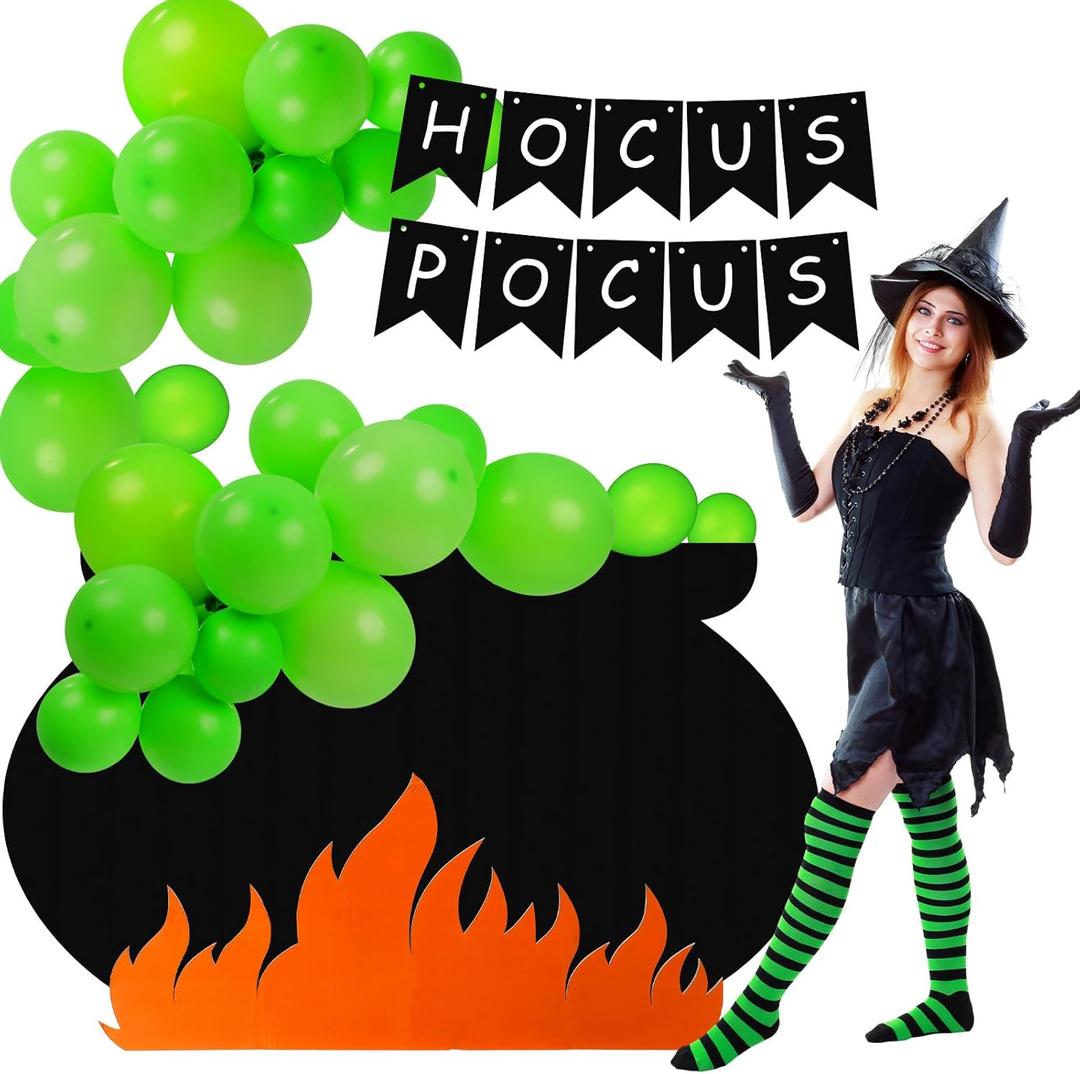 Halloween Witch Car Decorations Kit IncludesGreen Balloons "hocus Pocus" Banners Magic Cauldron Flame Halloween Party Decor Trick or Treating Witch Party Supplies for Car Trunks Garage