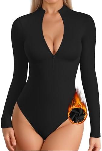 MANGOPOP Long Sleeve Body Suit Mock Turtle Neck Zip Up Bodysuit for Women Ribbed Deep V Sexy Bodysuit Shirts, XS