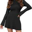 Saodimallsu Womens A Line Mini Sweater Dress Long Sleeve Bodycon Ribbed Knit Mock Neck Fall Short Dresses S