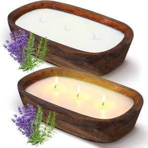 Threlaco 2 Pack Wood Dough Bowl Candle Jar Candle Decorative with Wick Scented Candles Soy Gifts for Men Women Farmhouse Table Centerpiece Home (Lavender)