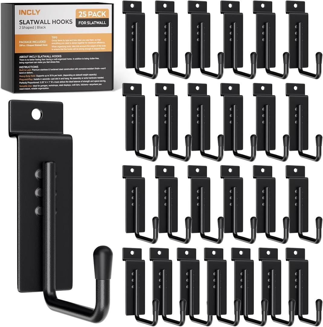 INCLY 25 Pack J-Shaped Slatwall Hooks, Heavy Duty Slat Wall Hanging Hook and Hanger, Slatwall Panel Accessories Display Hooks for Garage, Kitchen, Retail Store