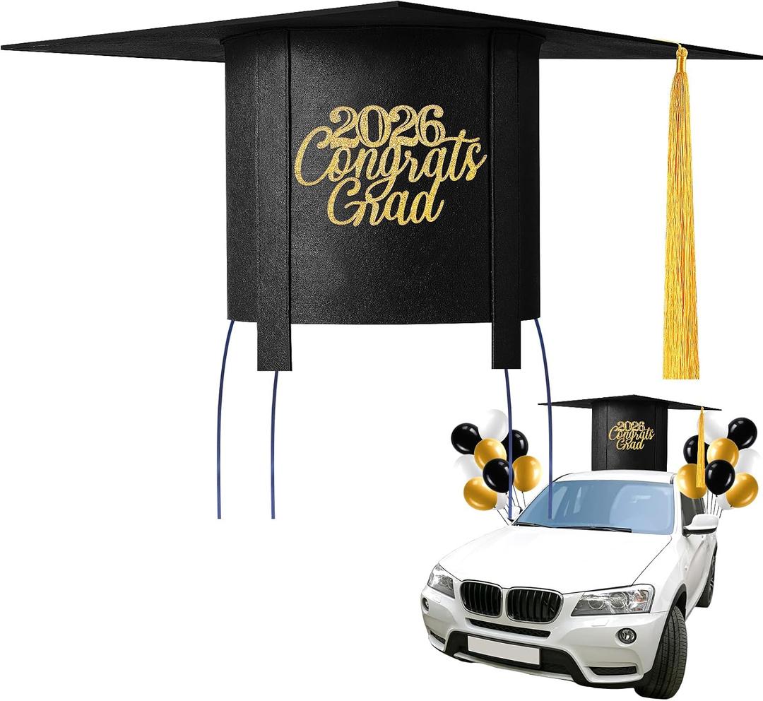2026 Graduation Cap Car Decoration Kit 20 Inch Giant Graduate Hat with Balloons Cutouts Felt Congrats Grad Hat for Class of 2026 Graduation Party Favor Decor(Black)