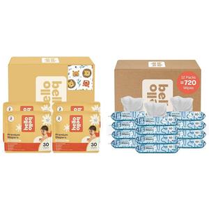 Hello Bello Diapers, Size 2 (10-16 lbs) Wild Cats, 120 Count Value Pack of Premium Disposable Baby Diapers, Hypoallergenic with Soft, Cloth-Like Feel + Extra Gentle Unscented Baby Wipes, 720 Count