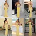 JUMISEE Women’s Sexy Halter Twist Knot Maxi Dress Draped Ribbon Ruched Cocktail Dress Sheer Mesh Bodycon Formal Dresses (Yellow, L)