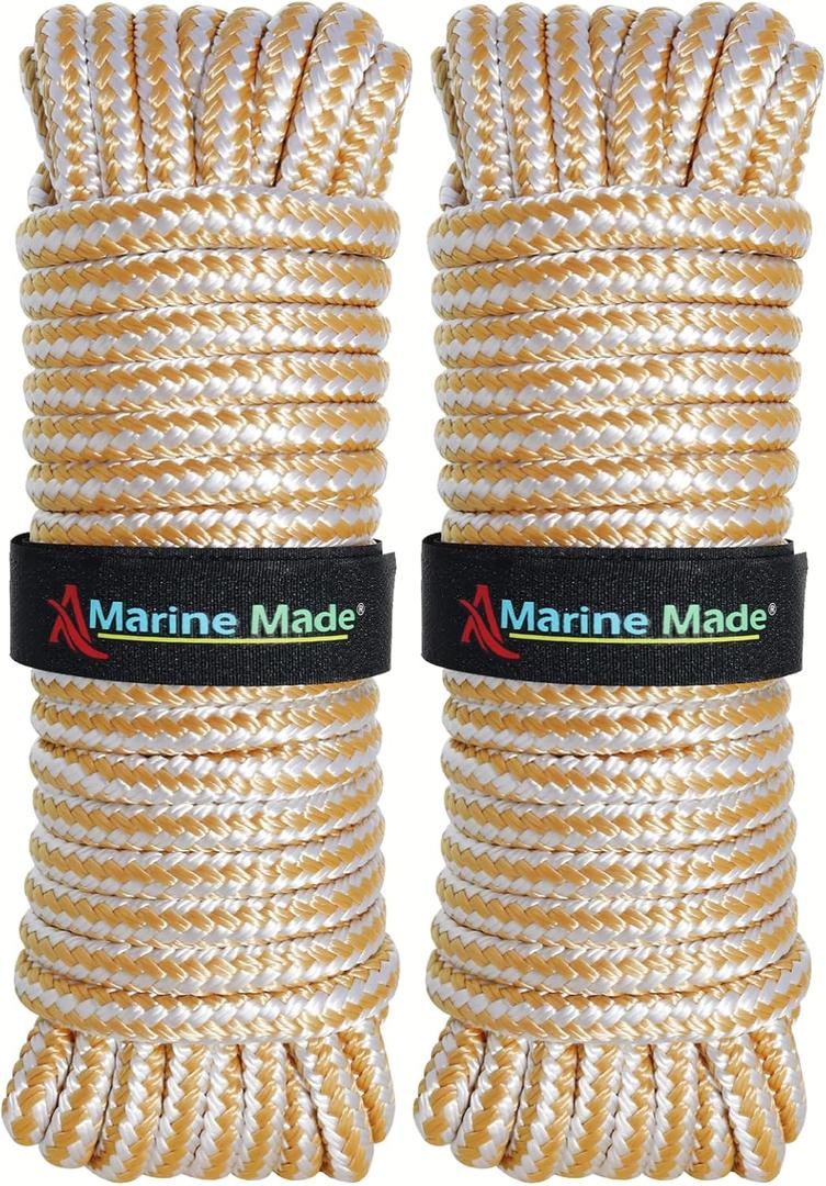 Amarine Made 2 Pack of 3/4 Inch 30 Feet Double Braid Nylon Dockline Mooring Rope Double Braided Dock Line, Working Load Limit: 1900LBS, Breaking Strength: 9500LBS (White Gold)