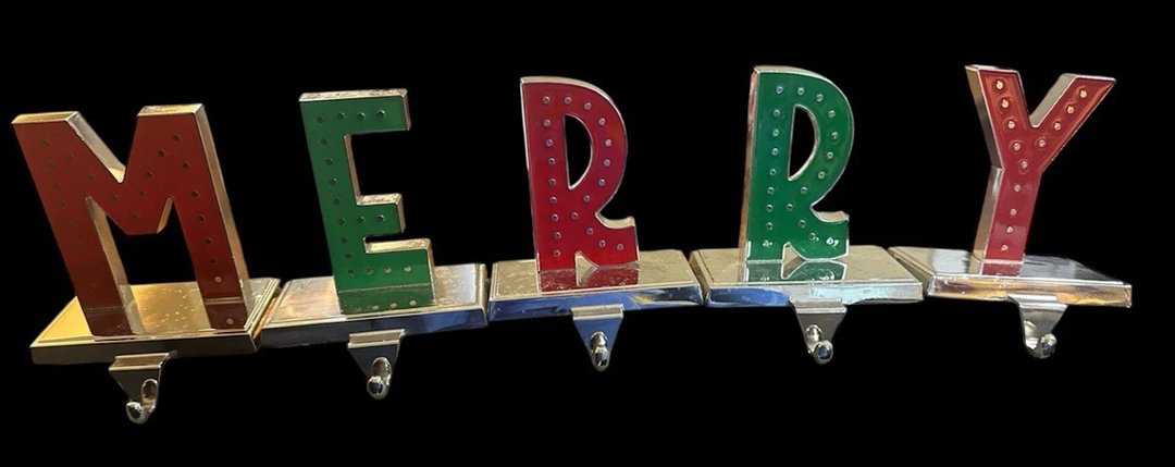 MERRY Stocking Holders Shimmery Red GreenSet of 5 Letters